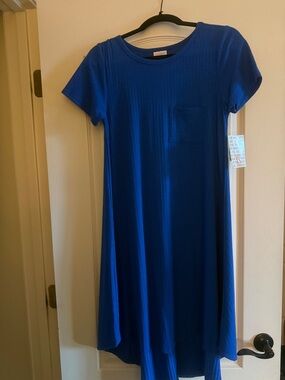 LuLaRoe Royal Blue Short-Sleeve Carly Swing Dress with Chest Pocket